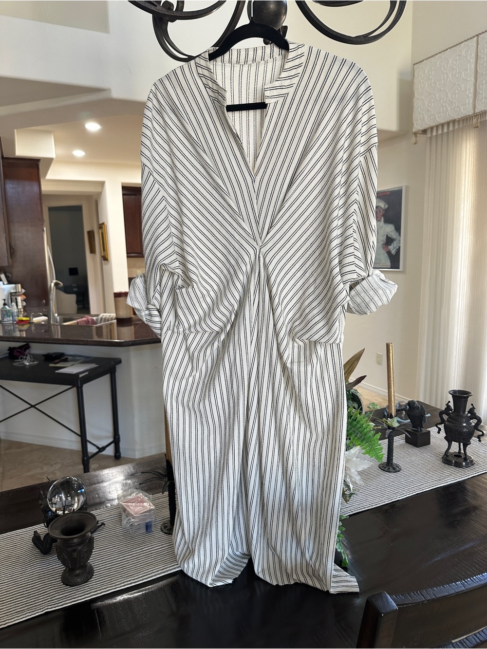 Striped V-Neck Longline Tunic - White with Black Striped dress